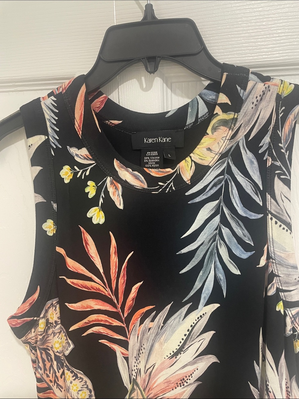 Karen Kane Black Knit Tropical Floral Sleeveless Shift Dress, size L - Picture 6 of 8